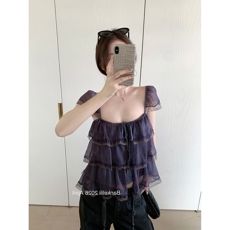 'Pan Hailigan' Ruffled Lace Layered Top with Small Flutter Sleeves, Square Neck, and Straps for Women, 2026 Summer Shirt Trend