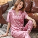 Đồ ngủ nữ mùa hè lụa ngắn tay Quần pyjama set băng lụa nữ Hàn Quốc cỡ lớn phần mỏng mùa xuân và dịch vụ nhà mùa thu - Giống cái