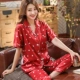 Đồ ngủ nữ mùa hè lụa ngắn tay Quần pyjama set băng lụa nữ Hàn Quốc cỡ lớn phần mỏng mùa xuân và dịch vụ nhà mùa thu - Giống cái