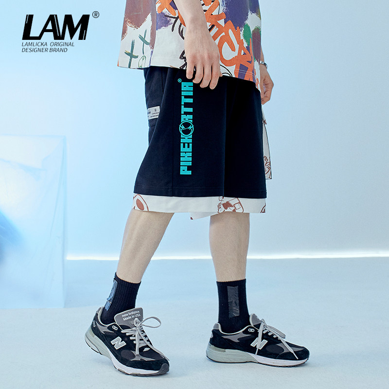 Fake two-piece pants men's summer tide brand loose 5-point Joker sports students casual couples wear shorts outside