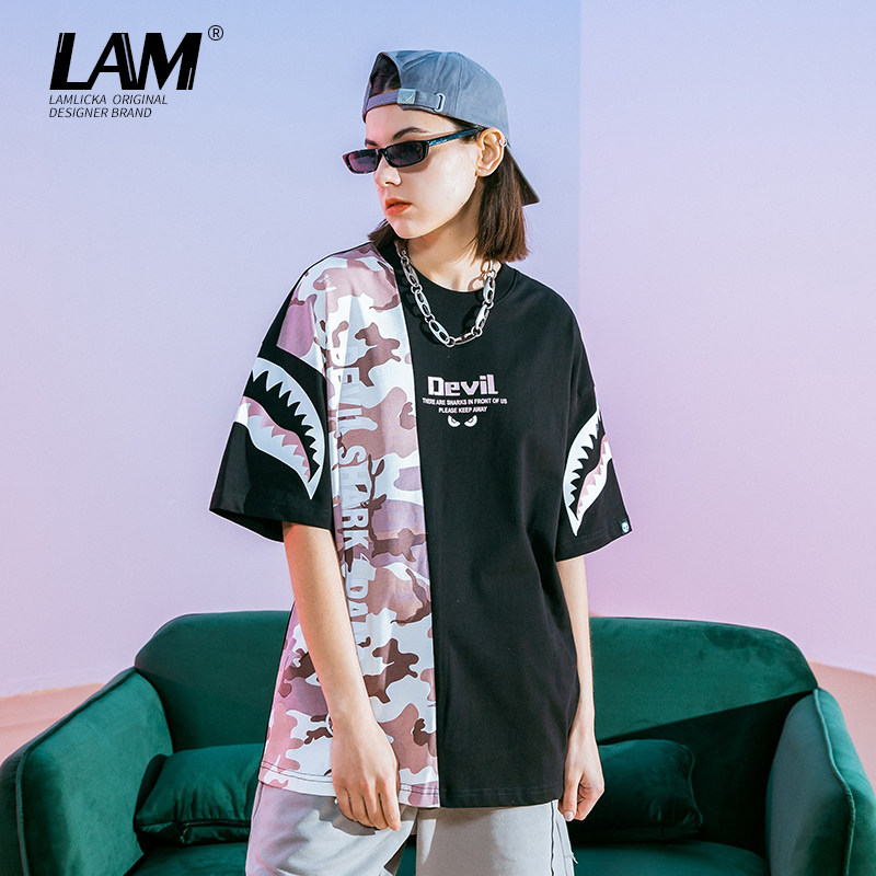 LAMLICKA shark camouflage stitching tide brand short-sleeved t-shirt men's 2021 summer round neck loose ins couple half sleeves