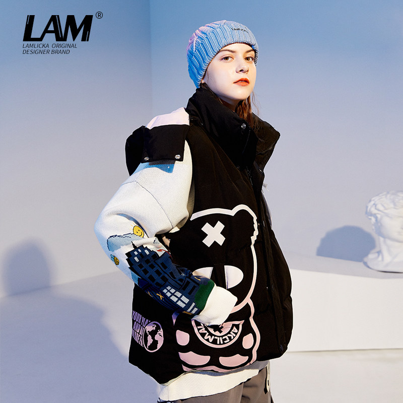 LALlicka Panda Even cap sleeveless horse chia cotton clothes male and female couples tide sign winter thickened large code cotton suit jacket-Taobao