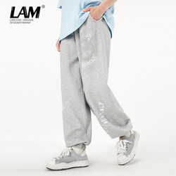 LAMLICKA summer legged trousers grey bears loose casual high street fashion brand trousers elastic thin legged trousers for men