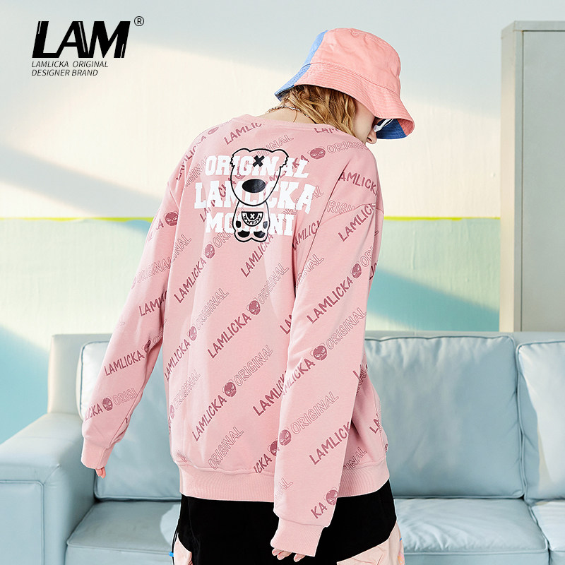 Spring and autumn 2021 pink printed sweater men's Tide brand loose round neck trend Joker hats without hat long sleeve couples
