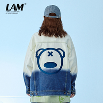 Spring and autumn embroidery gradient color couples hip hop tide card ins large size casual denim jacket jacket men loose