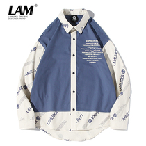 2021 new letter printing contrast shirt mens autumn Tide brand loose long sleeve cotton casual couple shirt