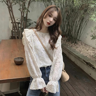法式蕾丝刺绣喇叭长袖衬衫女春秋设计感小众宽松荷叶边娃娃衫上衣
