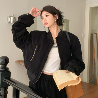 美式立领灯芯绒棒球服外套女春秋冬夹棉加厚褶皱宽松短款夹克上衣