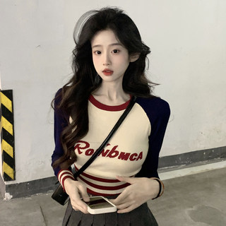 Женская футболка с длинными рукавами в американском стиле, с цветовыми блоками, в стиле рэглан, для весны и осени, с завышенной талией, облегающая, короткий трикотажный топ.