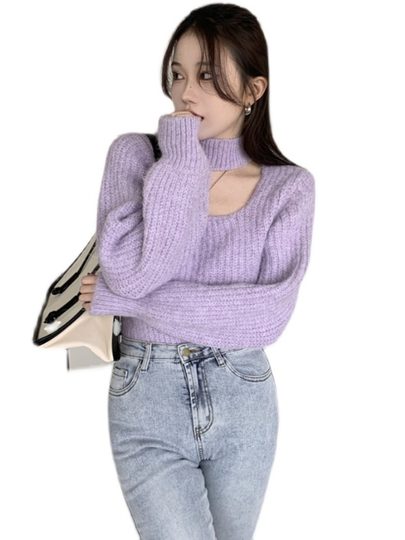 Purple Hollow-Out Square-Neck Halter Sweater for Women, Spring and Autumn Inner Layer, Half-High Collar Base Shirt, Lantern Sleeve Short Knit Top