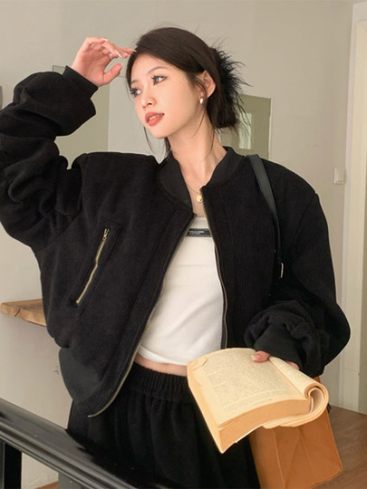 American-Style Stand-Collar Corduroy Baseball Jacket for Women, Spring, Autumn, and Winter, Padded and Thickened, Pleated, Loose Short Jacket