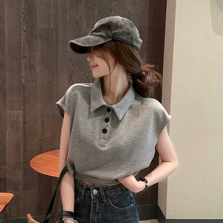 高腰镂空polo领小飞袖T恤女夏休闲宽松慵懒风短款上衣设计感小众