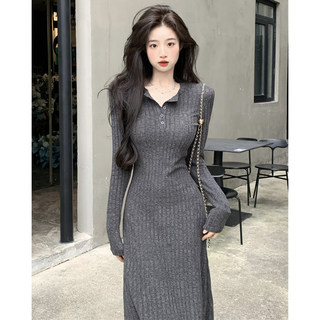 法式半开领长袖针织连衣裙女春秋冬辣妹收腰修身内搭打底毛衣长裙