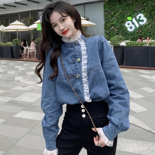 Джинсовая куртка-рубашка с кружевной отделкой для женщин, весенне-осенний дизайн, нишевый стиль, стильный французский шик, топ с воротником-стойкой.