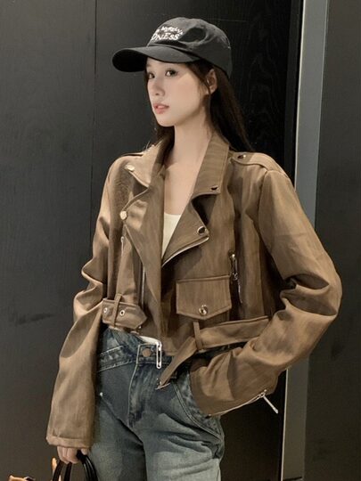 Maillard retro suit collar pu leather jacket for women spring and autumn loose high waist short brown motorcycle jacket top
