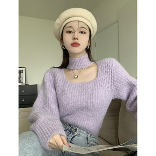 紫色镂空方领挂脖毛衣女春秋内搭半高领打底衫灯笼袖短款针织上衣