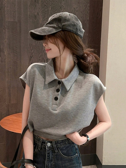 高腰镂空polo领小飞袖T恤女夏休闲宽松慵懒风短款上衣设计感小众