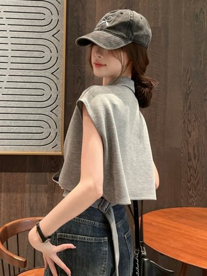 高腰镂空polo领小飞袖T恤女夏休闲宽松慵懒风短款上衣设计感小众