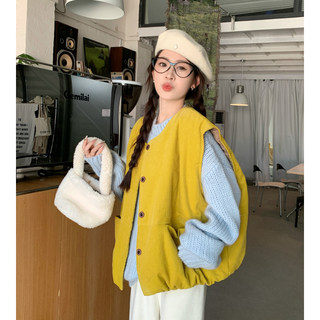 日系复古黄色灯芯绒马甲外套女秋冬叠穿宽松坎肩外搭马夹开衫上衣
