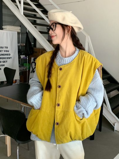 Japanese Retro Yellow Corduroy Vest Jacket for Women, Autumn and Winter Layered Loose Vest Outerwear Cardigan Top