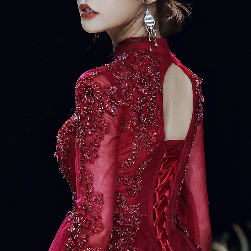 Bridal toast to the atmosphere 2022 new wedding Long sleeves Wine Red Banquet Temperament Evening Gown Skirt Woman back to door