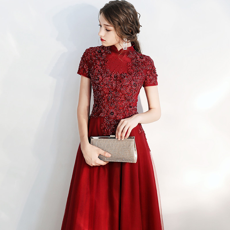 Toast dress bride dress back door dress wedding engagement banquet aura queen evening dress skirt female wine red long version