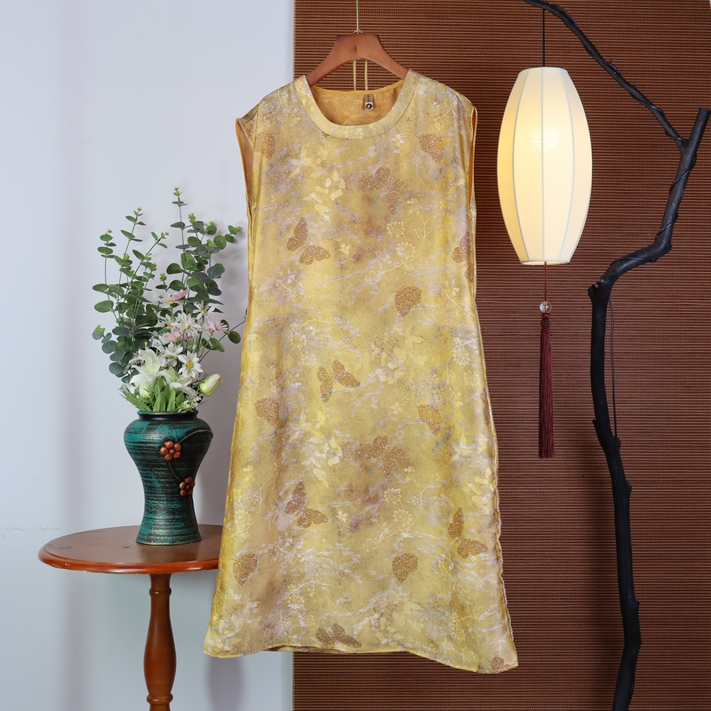 【1217】New Chinese-Style Xiangyun Silk Tank Dress for Women, Sleeveless Dress with a Traditional Round Neck, Money-Style Yellow Print, Summer Wear