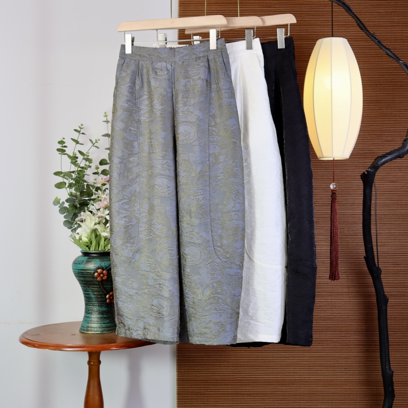 【1233】Xiangyunsha Summer New Chinese Style Shimmering Brocade Pattern Scimitar Pants Women's High-End Versatile Wide-Leg Casual Pants