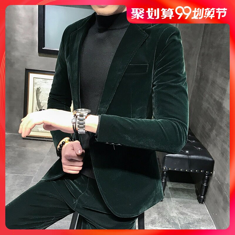 Corduroy suit suit men's hair stylist jacket Long-sleeved small suit men's slim Korean version of the trend men's set