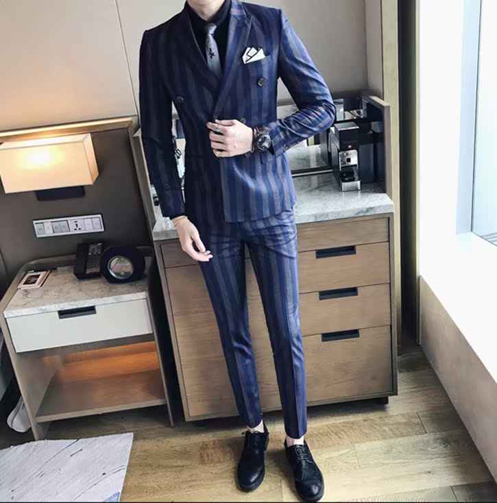 Nam Đêm sọc đúp Cut Suit nam Suit Tính cách Trend Anh chủ chiếc váy Hàn Quốc phiên bản phù hợp với cơ thể