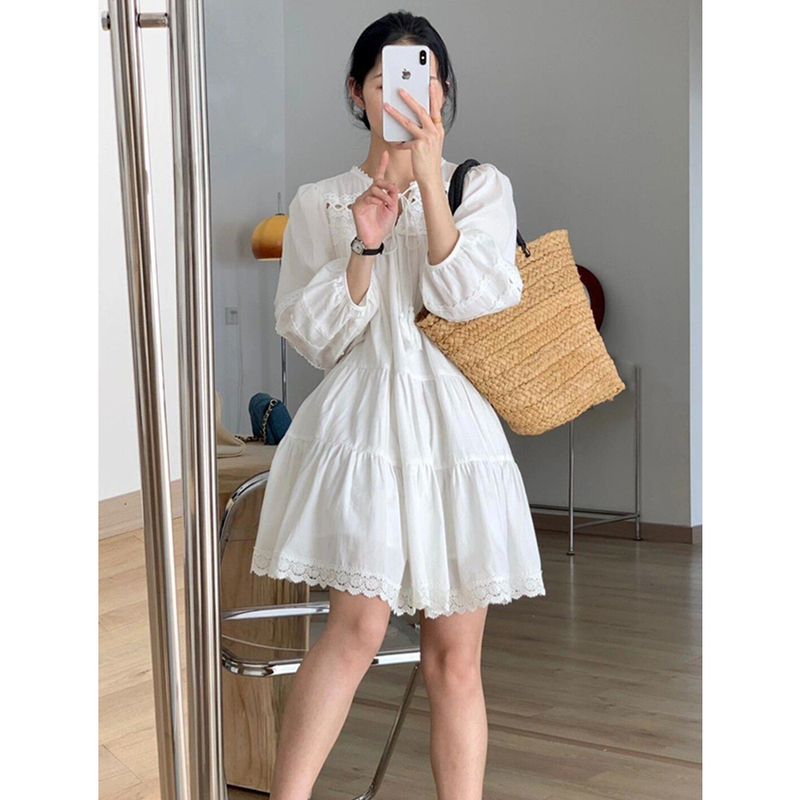 French-Style Hollow-Out Shirt Half-Sleeve Dress for Women, Summer Ethnic Style, Petite Size, Very Beautiful, Suitable for Xinjiang and Yunnan Travel Outfits
