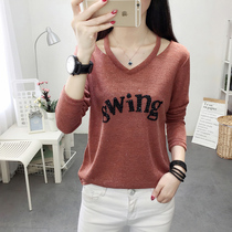 2021 autumn new base shirt womens solid color loose thin inner tie T-shirt V-neck wild T-shirt top clothes