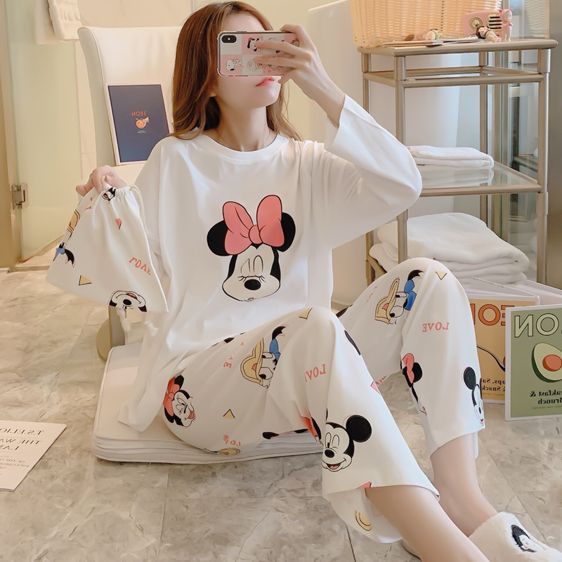 Cloth bag pajamas women spring and autumn and winter cotton long-sleeved casual cute homewear women thin spring cotton suit
