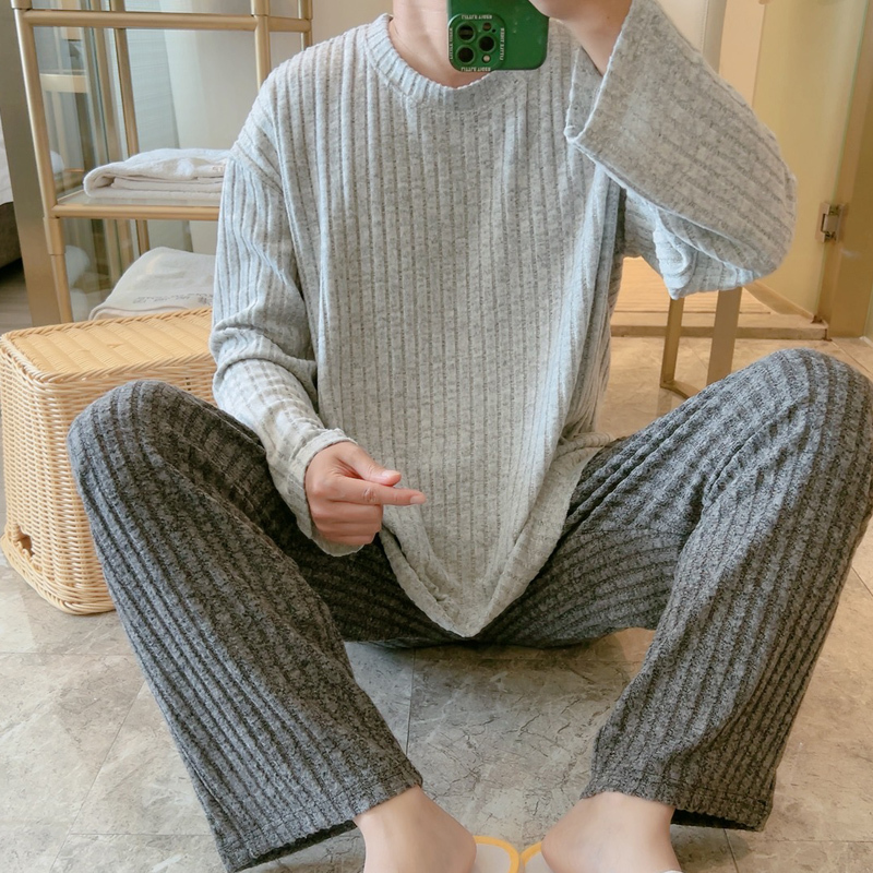 High-End Gray Men's Pajamas for Autumn and Winter, Warm Knitted Fleece, Plus-Size, Long-Sleeve, Spring and Autumn Loungewear Set