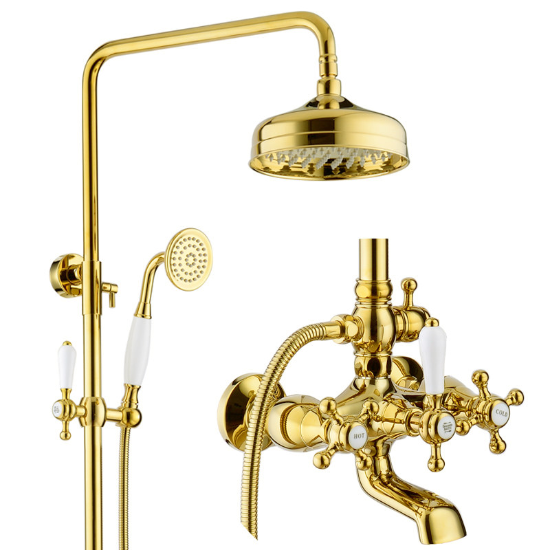 Retro gold shower set, European style ceramic handle, full copper English style chaise hot and cold bath faucet