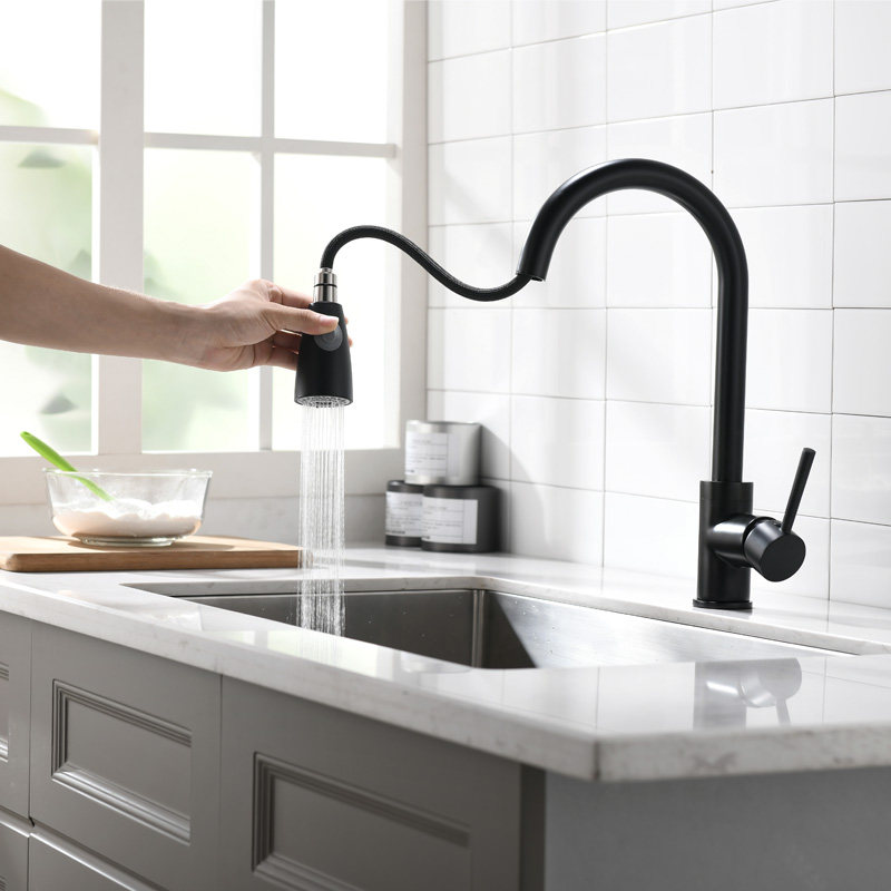 Full copper black matte vegetable basin hot and cold tap suction kitchen tap sink tap frosted black stretch