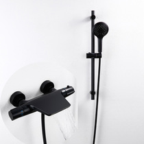 LFSTN bathroom full copper hot and cold cylinder edge bathtub thermostatic waterfall tap black shower suit hanging wall style