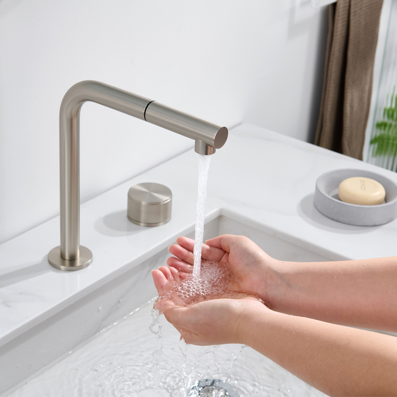Bubble Bathroom Split-Type Pull-Out Faucet for Hot and Cold Water, Minimalist Double-Hole Rotating Island Basin with Brushed Finish