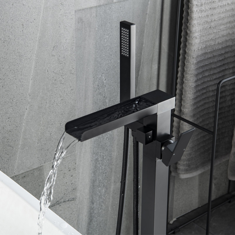 All copper waterfall floor tub faucet black tub vertical cold and hot tap sprinkler suit