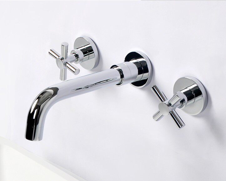 Full copper triple hole in wall type hot and cold tap concealed face basin tap double handle triple hole tap