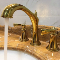 All copper basin faucet double handle three hole golden faucet hot and cold antique basin European gold bubble bathroom