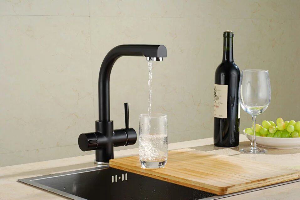 All copper pure tap kitchen cooling and hot dish basin black matte sink lead-free direct drinking faucet three in one