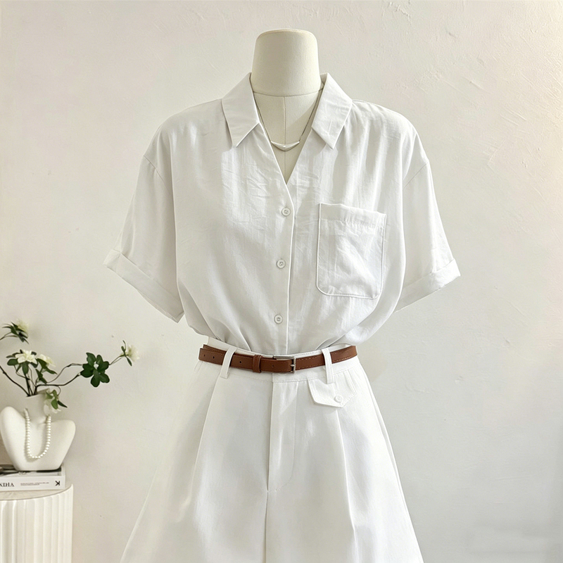 French-Style White Short-Sleeved Shirt for Women with a Unique Design, Minimalist Temperament, Suitable for Commuting, Loose and Casual V-Neck Top