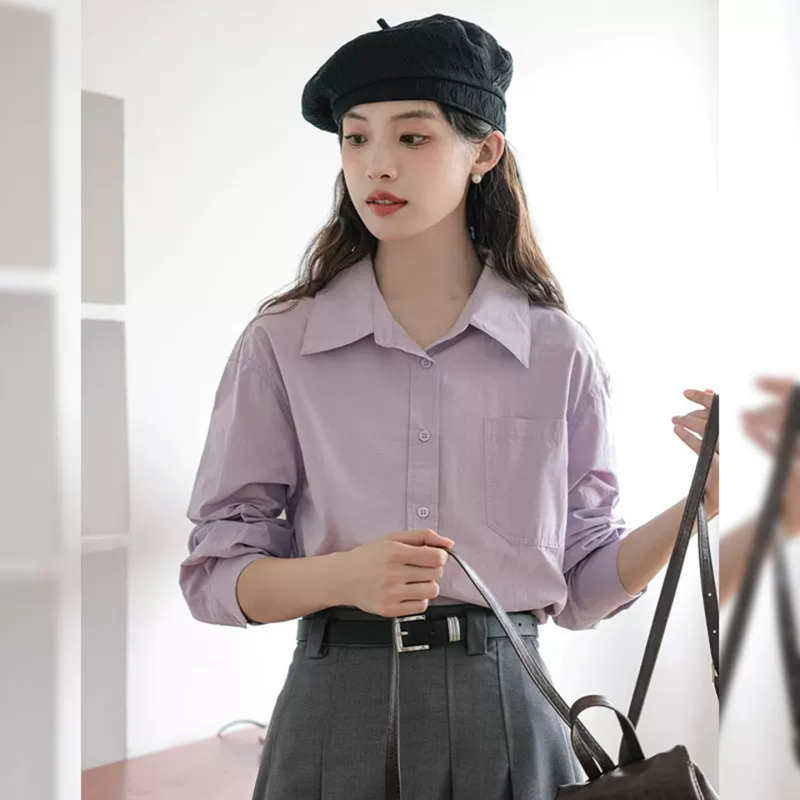 Purple Long-Sleeved Shirt for Women in Spring and Autumn, Petite Size, High-End Feel, Loose-Fitting Sun-Protective Shirt, Layered with a Collared Top Purple Long-Sleeved Shirt for Women in Spring and Autumn, Petite Size, High-End Feel, Loose-Fitting Sun-Protective Shirt, Layered with a Collared Top