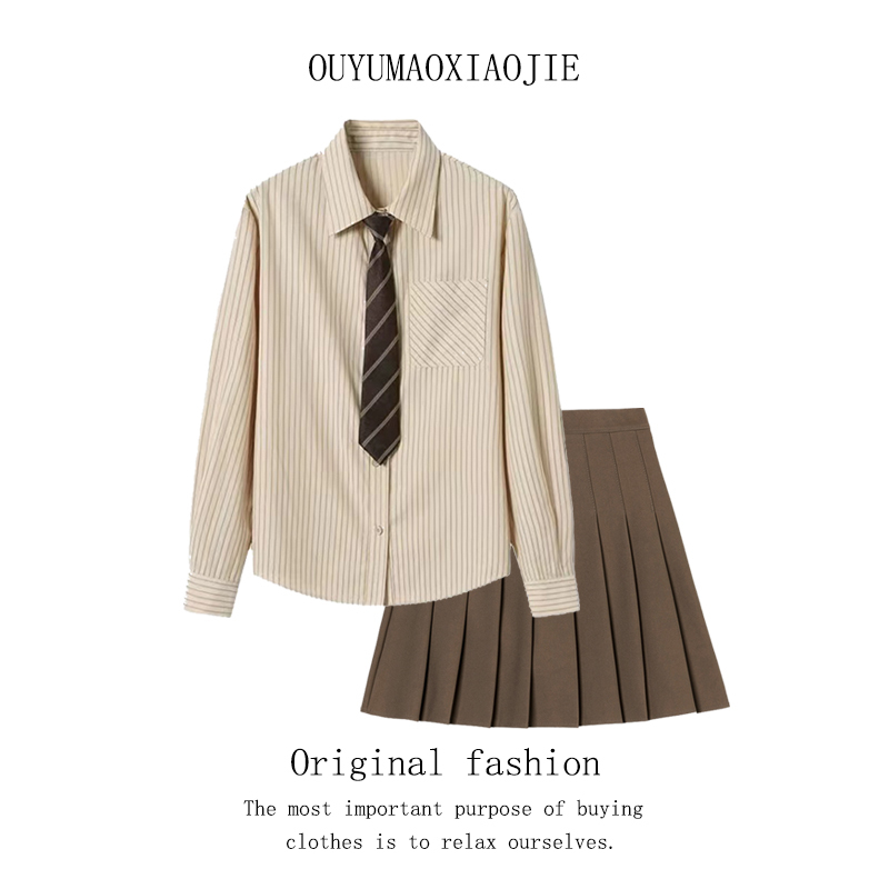 Spring and Autumn New Style Long-Sleeved Retro Straight Loose Fit Chic Casual Striped Shirt Women's Pleated Skirt Two-Piece Set