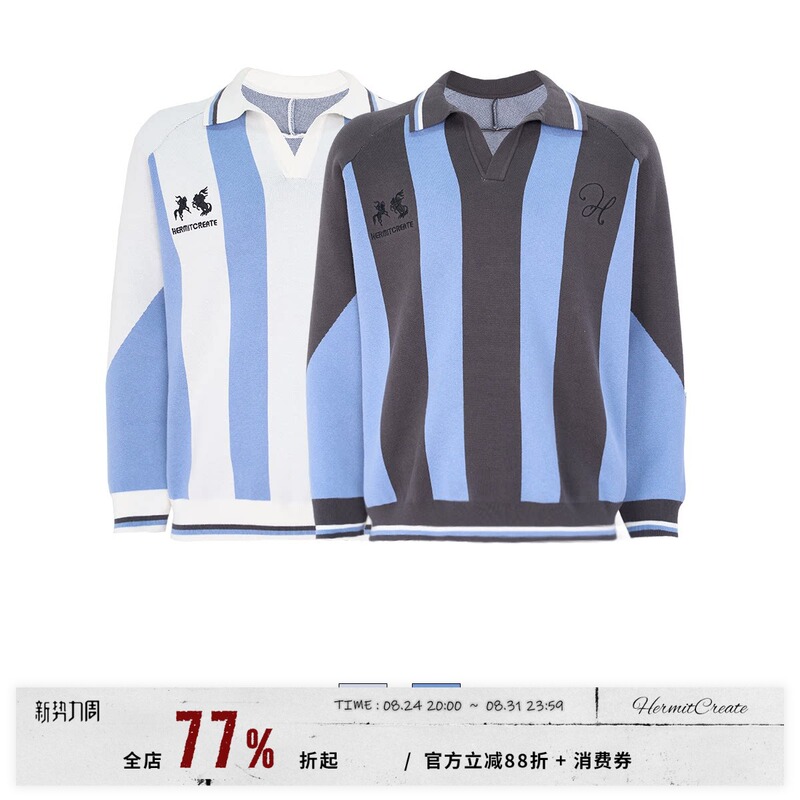 Hc/Hermitcreate Color-Blocked Knit Football Long-Sleeve Sweater, Street Fashion, Retro Old Money Casual Style Hc/Hermitcreate Color-Blocked Knit Football Long-Sleeve Sweater, Street Fashion, Retro Old Money Casual Style