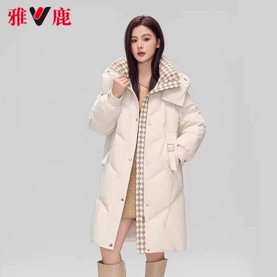 雅鹿菱格撞色拼接羽绒服女士冬季2025新款中长款可拆卸帽加厚外套