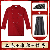 Красный лонгслив, фартук, шапка