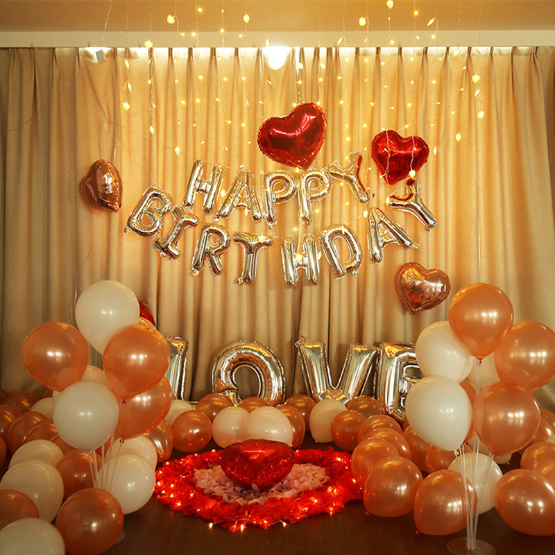 Romantic happy birthday atmosphere balloon decoration scene layout KTV hotel party background announcement aluminum film petals