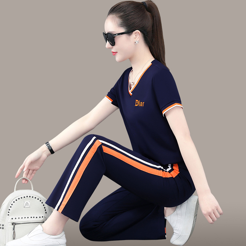 Sportswear Suit Lady Summer 2022 New Broadlegged Pants Short Sleeve V-collar Casual Wear embroidered running two-piece set